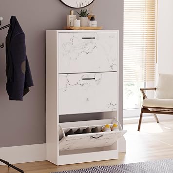 Vida Designs Shoe Cabinet, Wooden Shoe Storage Unit with 3 Pull-Down Drawers, Multifunctional Dust-Proof Space-Saving Slim Cupboard for Hallway or Entryway White Marble