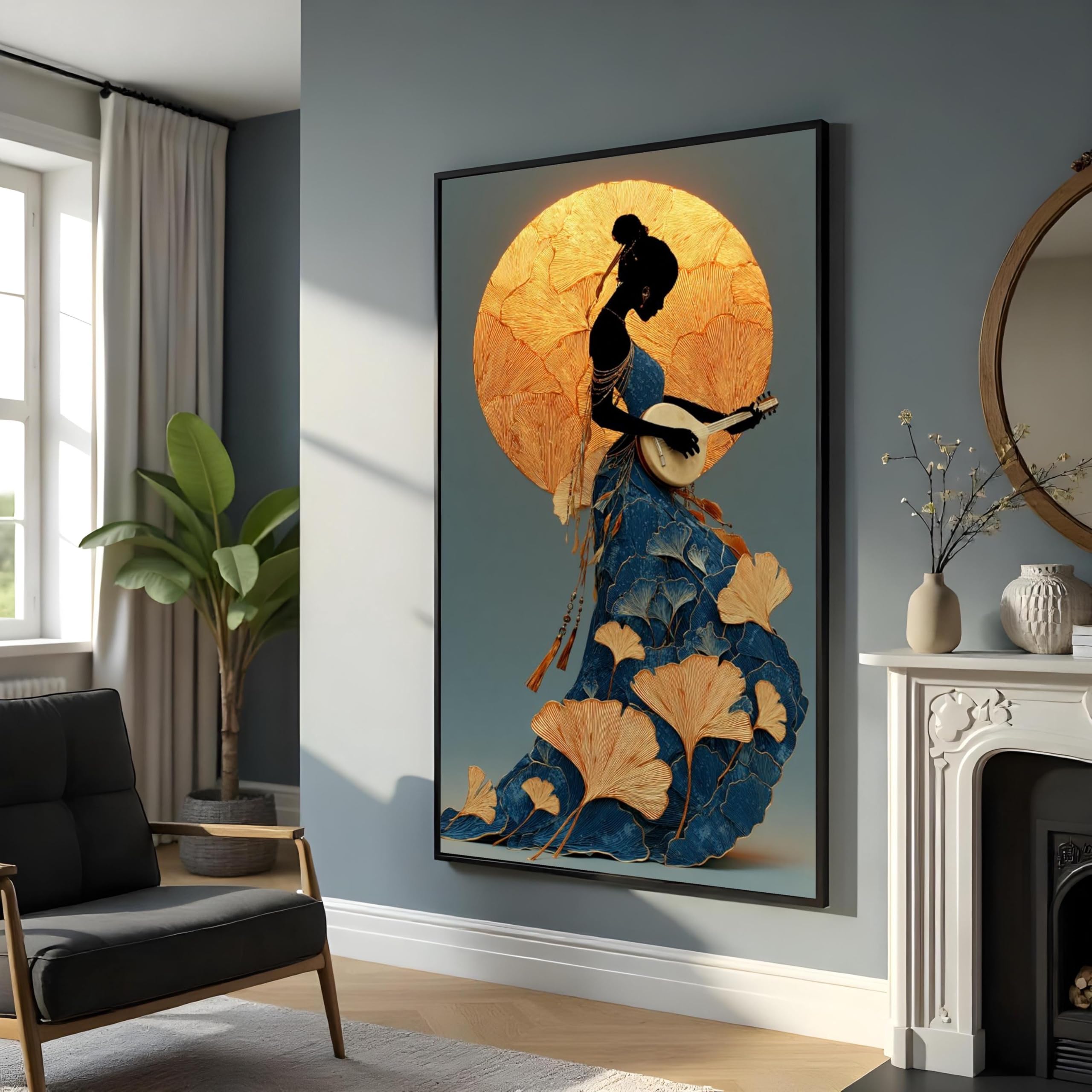 TONGYINLI Elegancki muzyk płótno plakaty i druki kobieta banjo złota aura sztuka ścienna do salonu dekoracja domu (45 x 80 cm / rama wewnętrzna)