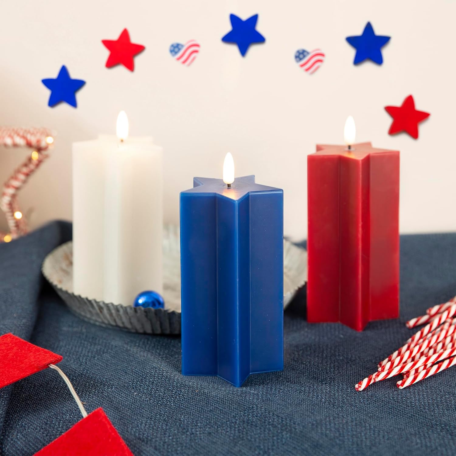 LUSHARBOR 4th of July Flameless Candles with Remote, Red White & Blue 3 Pack Patriotic Battery Operated Candles Star Shape, Real Wax LED Fake Candles for Home Party Holiday Decor