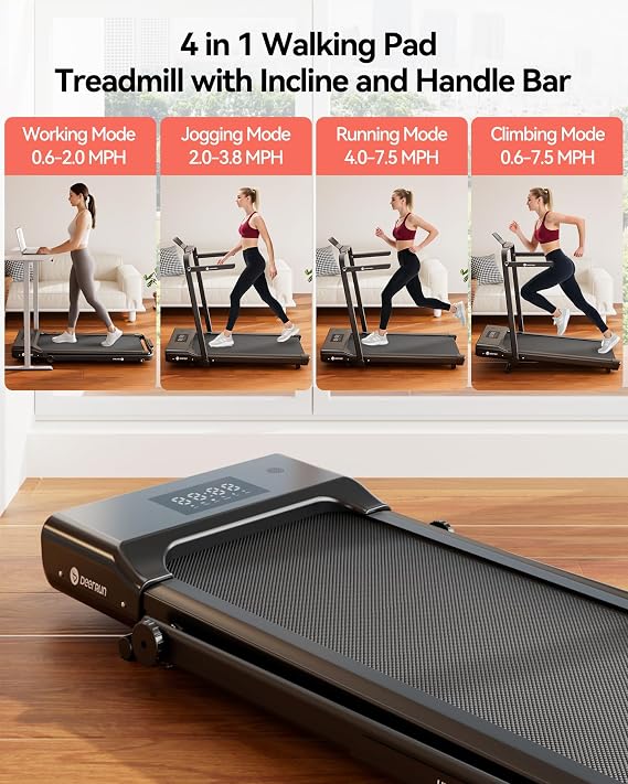 DeerRun Walking Pad Treadmill with Incline and Handle Bar, 4-in-1 Foldable Under Desk Treadmills for Home Small or Office, 300 lbs Capacity 3.0 HP Folding Portable Walking Pad with APP