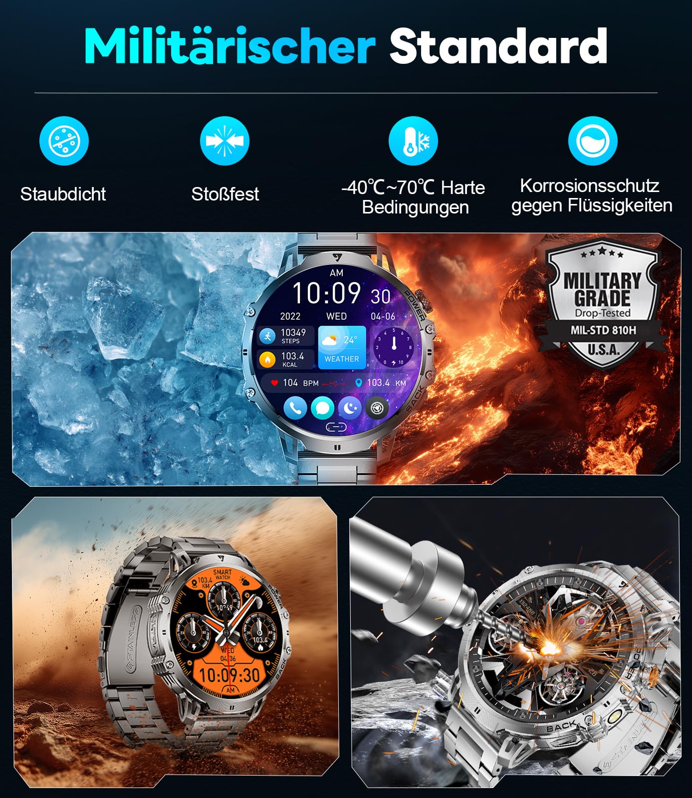 LIGE Militär Smartwatch Herren - 1000 mAh/1,85" HD Großes Touchscreen/LED-Licht, Fitnessuhr mit 110+ Sportmodi, Herz-/Schlaftracking,2 Armbändern,IP68 wasserdicht, Sportuhr für iOS/Android, Schwarz