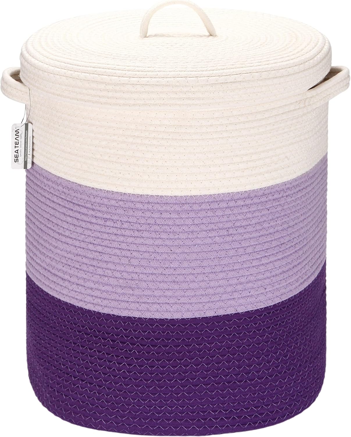 Sea Team Large Size Cotton Rope Woven Storage Basket with Lid, Lidded Laundry Hamper with Handles, Fabric Bucket with Cover, Clothes Toys Organizer for Kid's Room, 16 x 20 inches, White & Pink