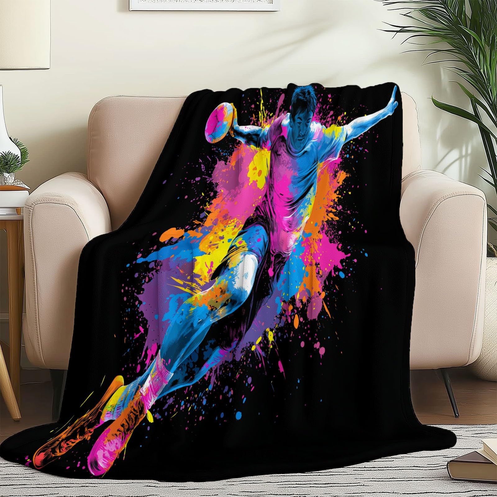 Manta térmica de Franela 200 x 220 cm -Manta de Franela Salpicadura de Tinta Deportes Jugadores, Manta de Felpa Ligera Salpicadura de Tinta Deportes Jugadores, para Adultos y niños