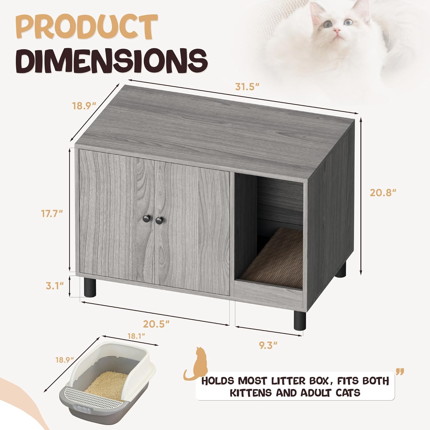 WARCAT Cat Litter Box Enclosure, Modern Hidden Litter Box Enclosure Furniture, Hidden Washroom with Scratch Pad, Barn Door Design, Indoor Cat House & End Table (Grey)