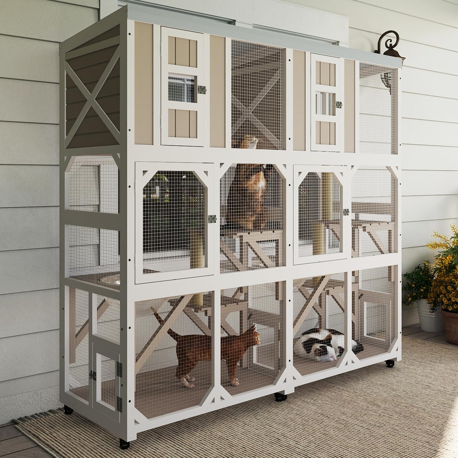 Ketive 64" H Large Wooden Catio Outdoor Cat Enclosure with Wheels