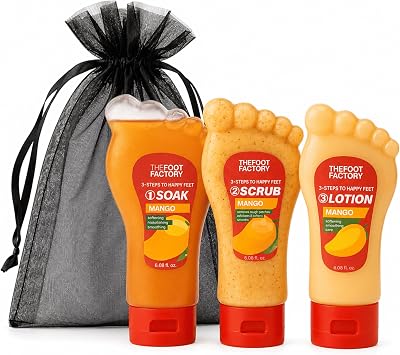 Foot Soak, Scrub & Lotion Set   Foot Care Gift Set for Dry, Tired Feet | Exfoliating Foot Spa Kit for Feet Soak, Scrub & Pedicure Treatment | Home Spa Pamper Set for Women & Men   Mango