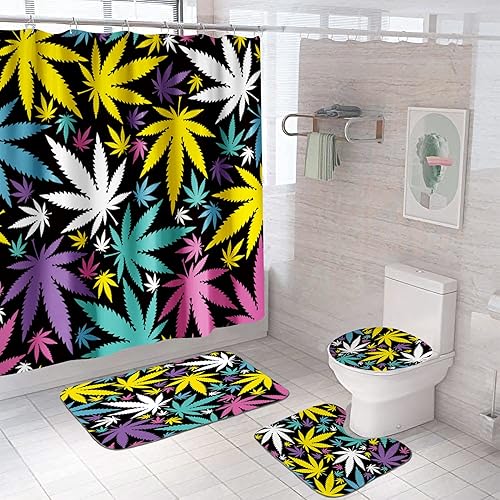 TDCQQGQQ Juego de 4 cortinas de ducha de hojas de arce de color con alfombras, cubierta de tapa de inodoro, cortina de ducha para baño, cortina de