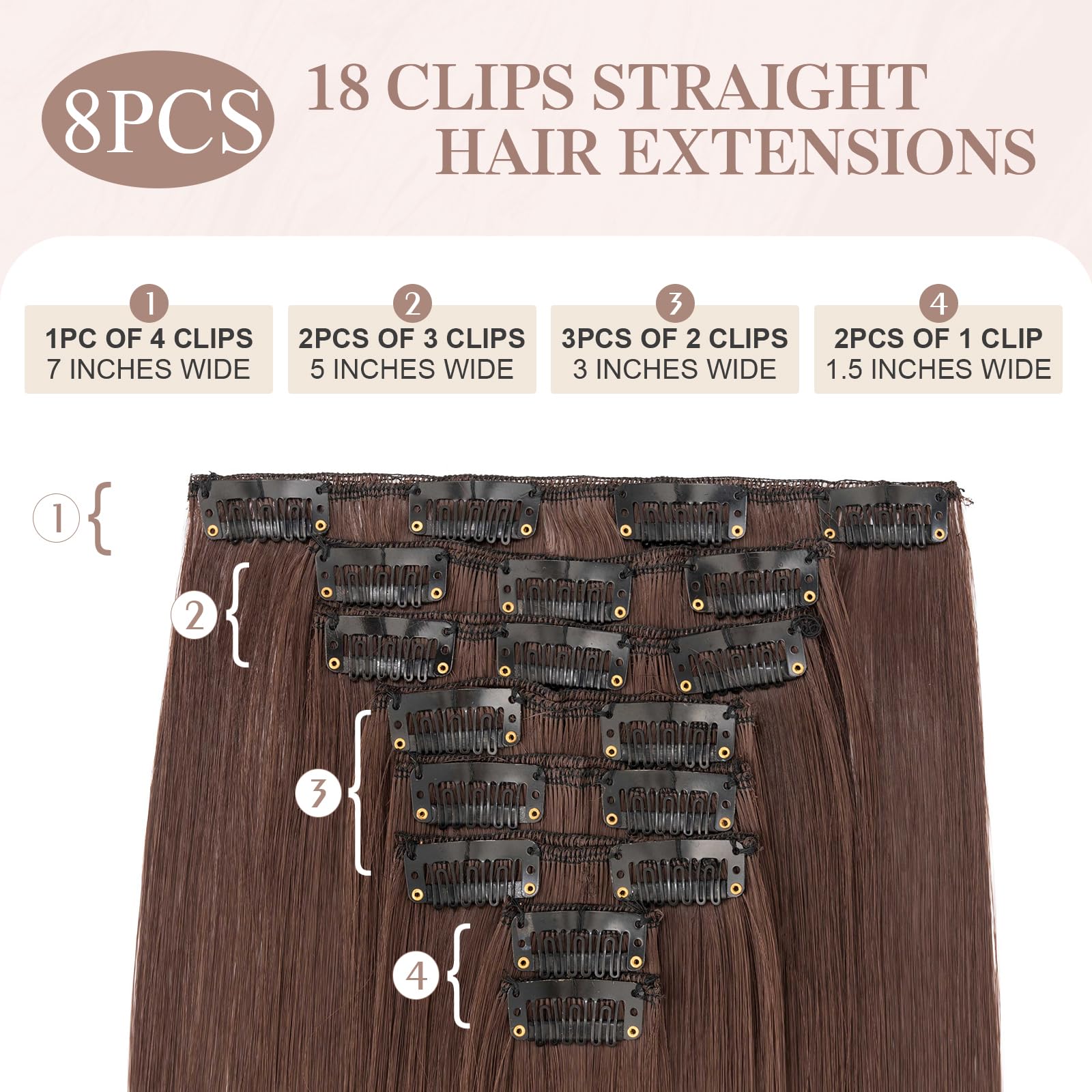 SEGOHAIR Hair Extensions Clip in 8Pcs 18 Clips Synthetic Fiber Seamless 26" Long Straight Full Head -Medium Brown - Image 2