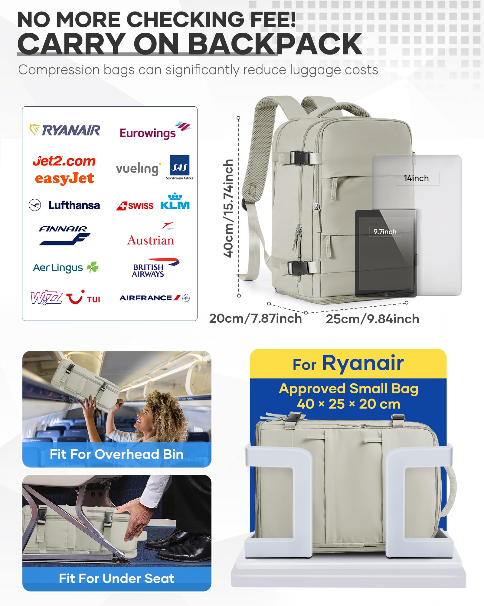SZSYCN Zaino da Viaggio con Sottovuoto Ryanair 40x30x20 Wizzair Borse da Cabina per Ryanair 40x20x25 Bagaglio a Mano Sottovuoto con pompa,Zaino Casual per Laptop