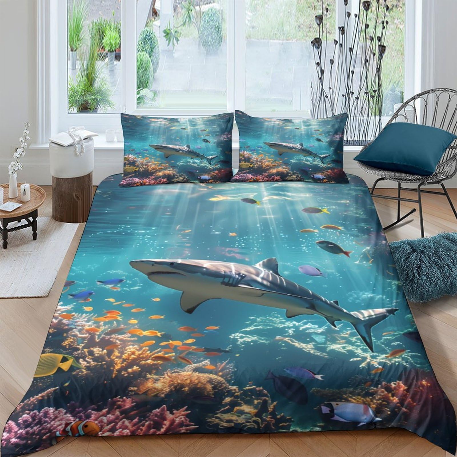 Ctjqhvkz Style-6 3D Printed Ocean Underwater Shark Fitted Sheet Microfiber Soft Breathable Coral Reef Mattress Cover Bedroom Decor Single（135X200cm）