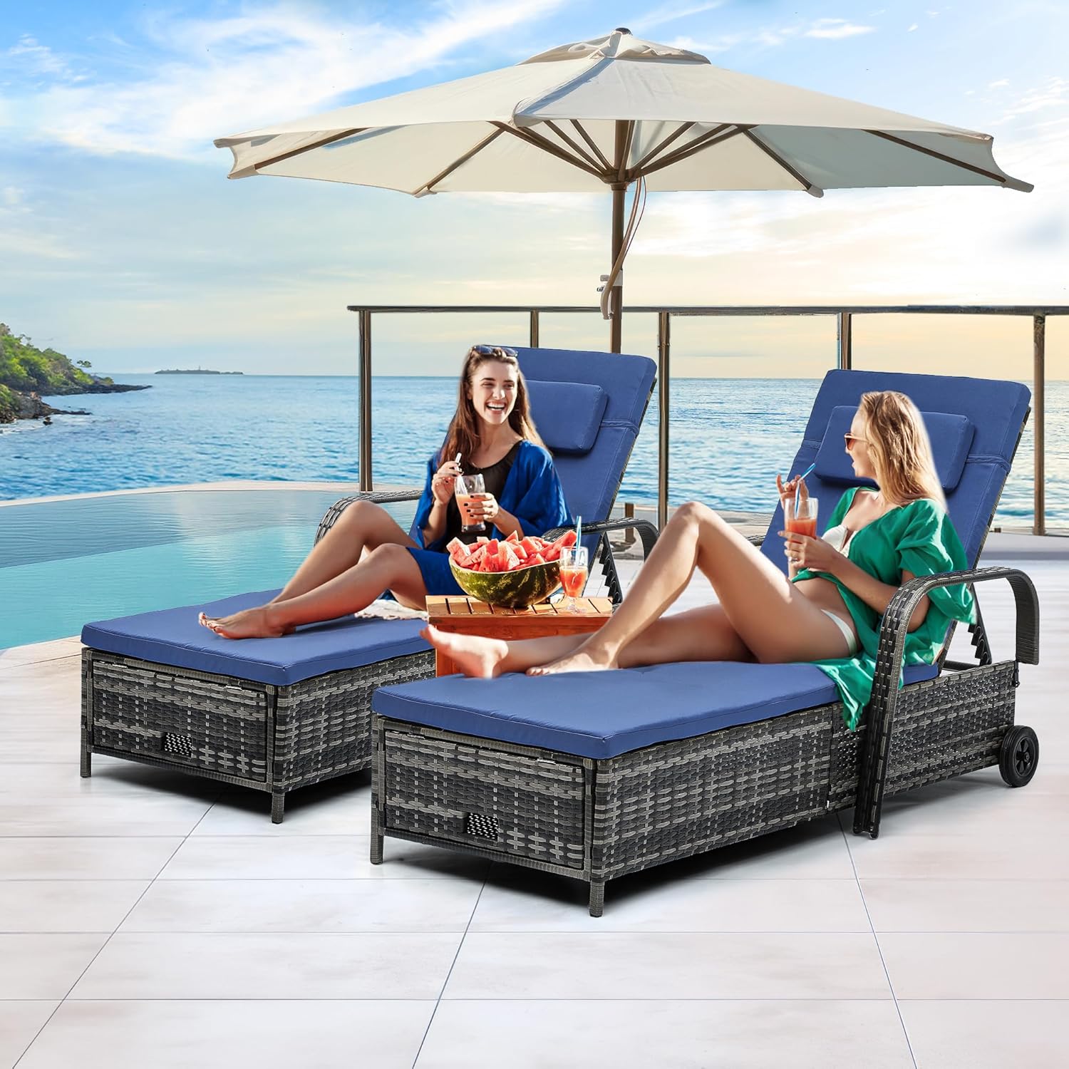 YITAHOME Outdoor Chaise Lounge Chair with Storage, Wicker Patio Lounge Set with 5-Position Backrest, Rattan Pool Reclining with Headrest, Arm, Cushion, and Wheel for Poolside Balcony Garden(Grey+Navy)