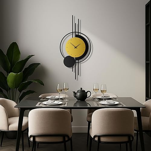 Miniatura 3 de pluviart Reloj de pared geométrico dorado y negro, reloj de metal silencioso grande, arte de pared moderno de mediados de siglo para sala de estar,