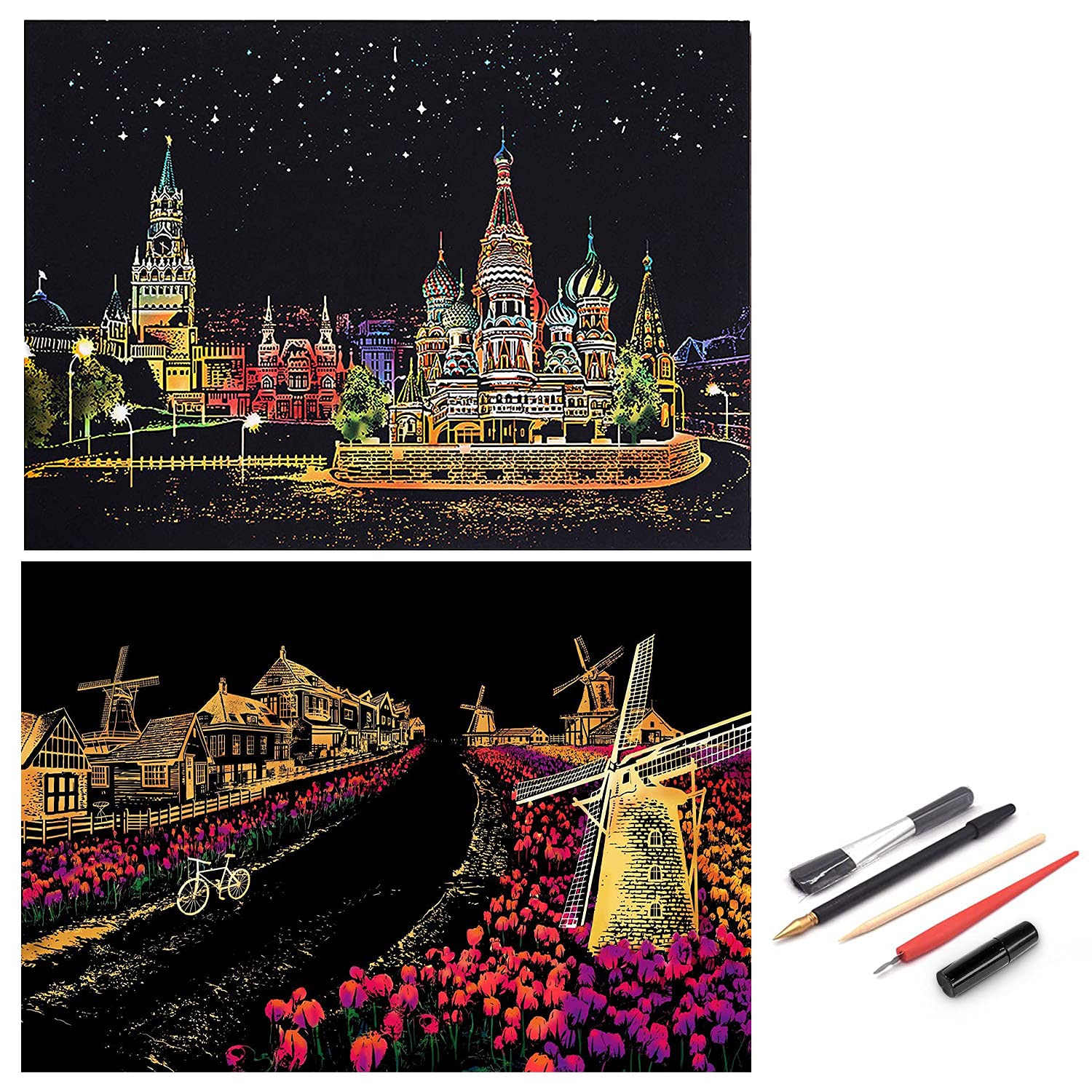 MALL Scratch Paper Painting Art Kits，Scratch Rainbow Painting Art Paper,Scratch Painting Creative Gift Engraving Art & Craft Set with 5 Tools,16''x11''(Russian Red Square and Dutch windmill)