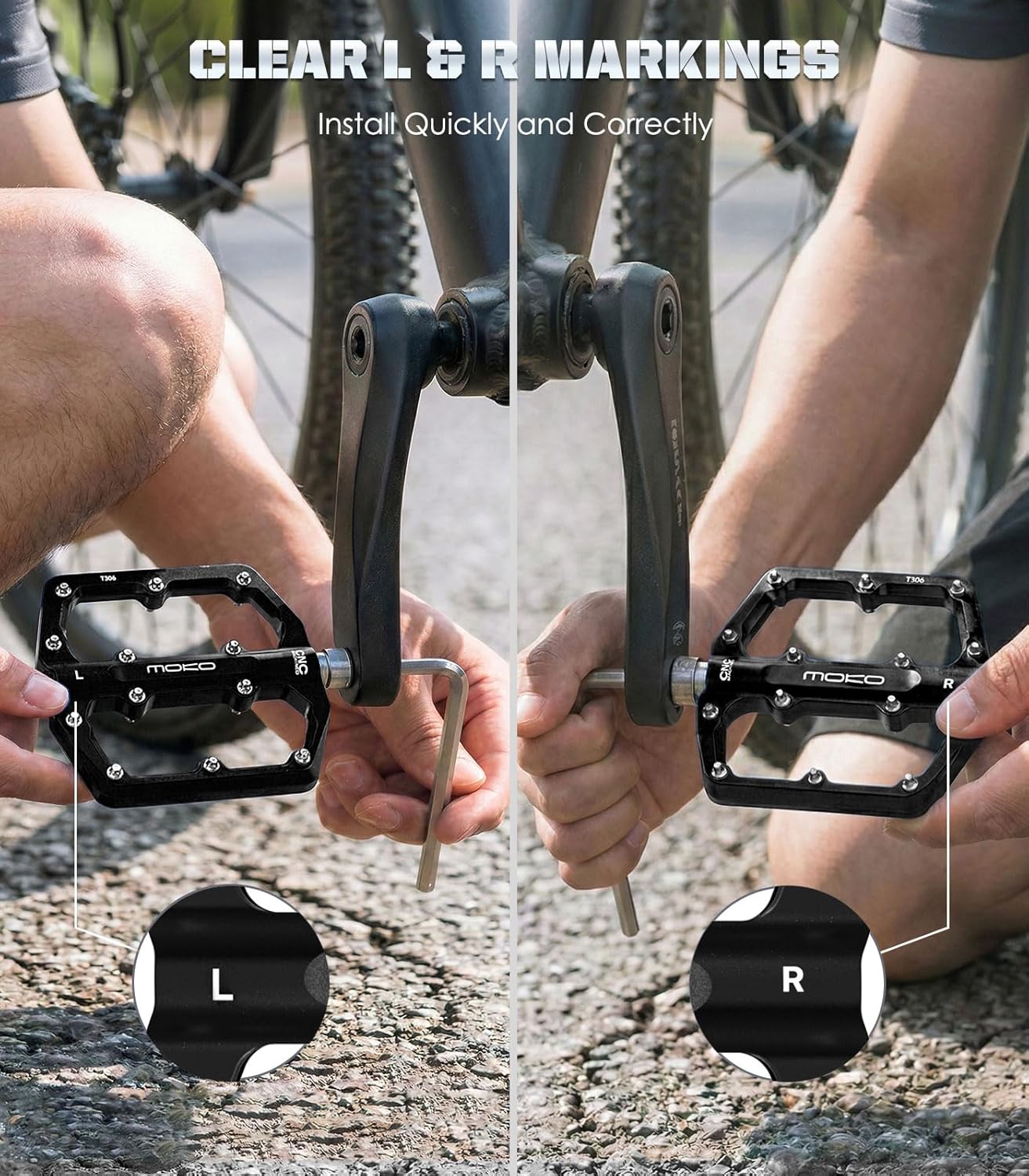 MoKo Mountain Bike & MTB Flat Pedals, Lightweight CNC Machined Aluminum Bicycle Pedals with 24 Replaceable Steel Pins & 3 Sealed Bearings, 9/16" Fits Road/City/BMX/E-Bike