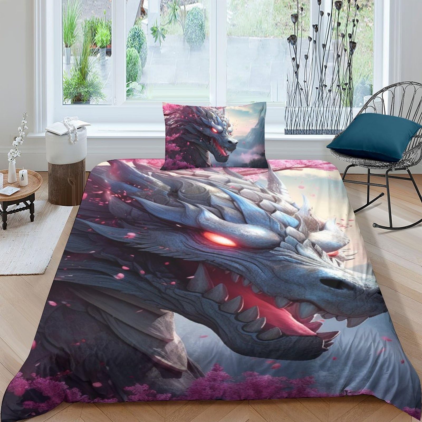 Housse de couette 135x200 dragon parure de lit 3D literie pour chambre d'ado