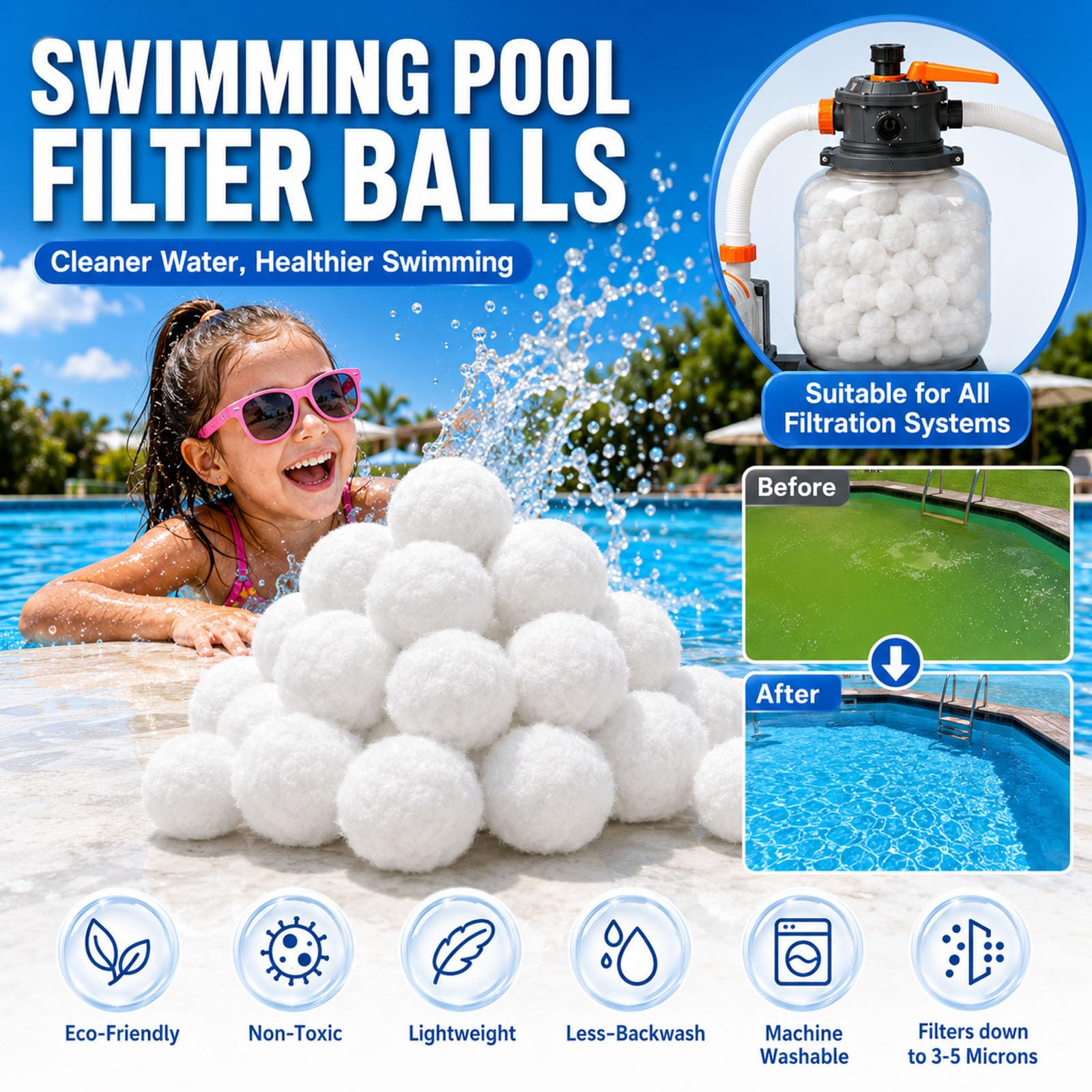 Caroca Boules de Filtre Piscine,1400g Balles Filtrantes Remplacer 50kg de Sable Filtration pour systèmes de Filtre a Sable Piscine