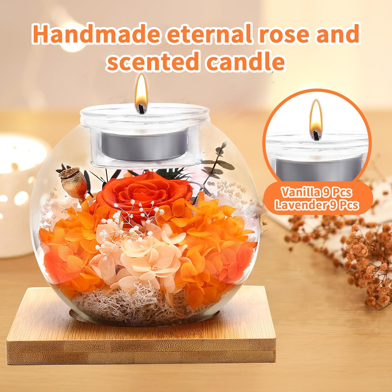 Mothers Day Flowers Roses Gifts for Her, Flowers for Delivery, Preserved Flower in Glass Dome with Scented Candle Gift for Women Wife Girlfriend on Christmas Valentines Day Birthday (Orange)