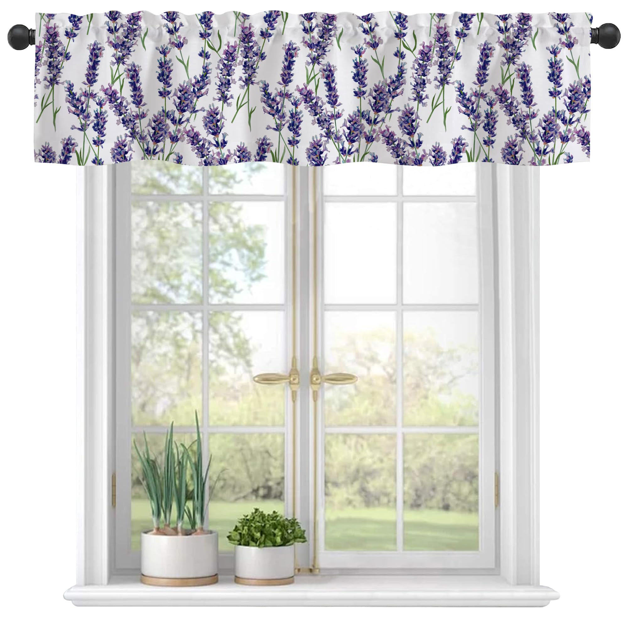 Valances Curtains for Windows, Watercolor Lavender Bunches Semi Sheer Curtain Valances,Rod Pocket Short Window Treatment Light Filtering Decor Valances for Kitchen Living Room Bedroom Windows -42"x12"
