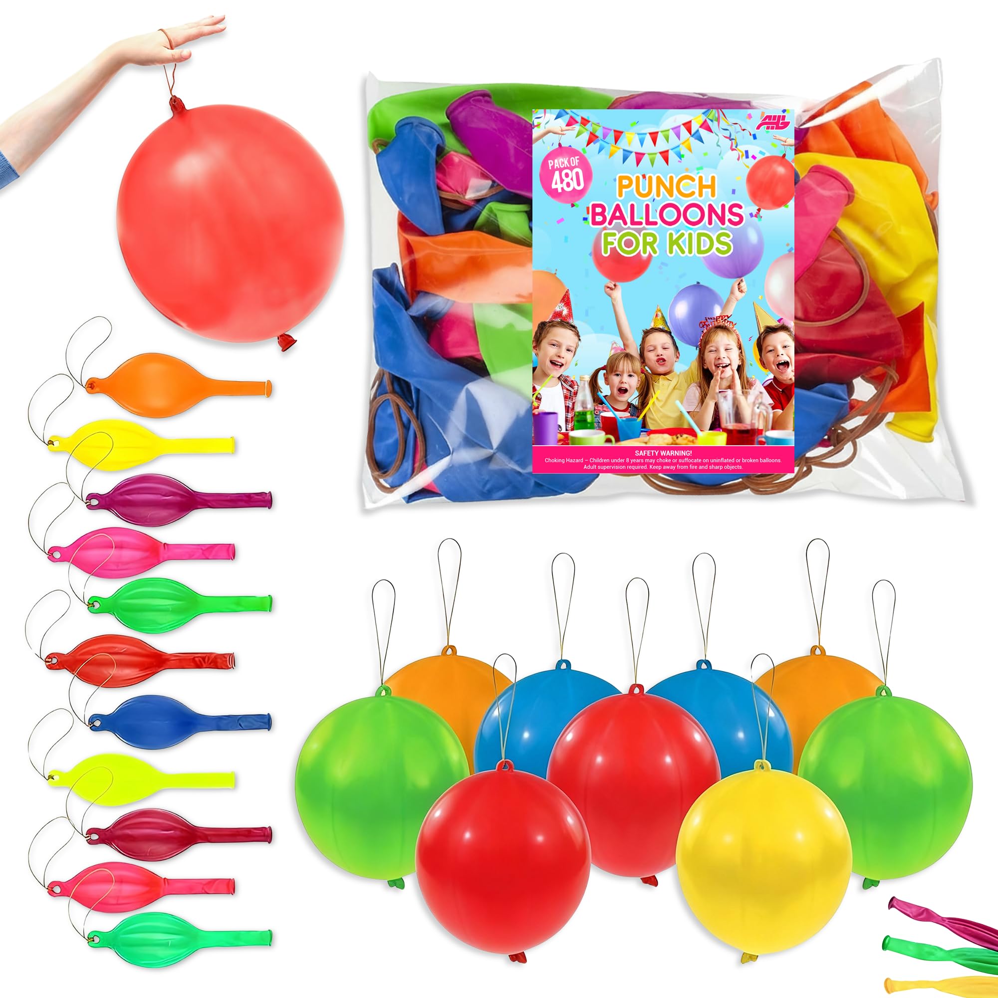 AHG 480 Pack Punch Balloons for Kids | 12 Inch Thick Latex Balloons with Elastic Bands | Assorted Bright Colours | Party Bag Fillers, Games, Celebrations & Goodie Bags