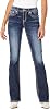 Miss Me Women's Mid-Rise Boot Jeans with Embellished Golden Wing Designs on Faux Flap Pockets
