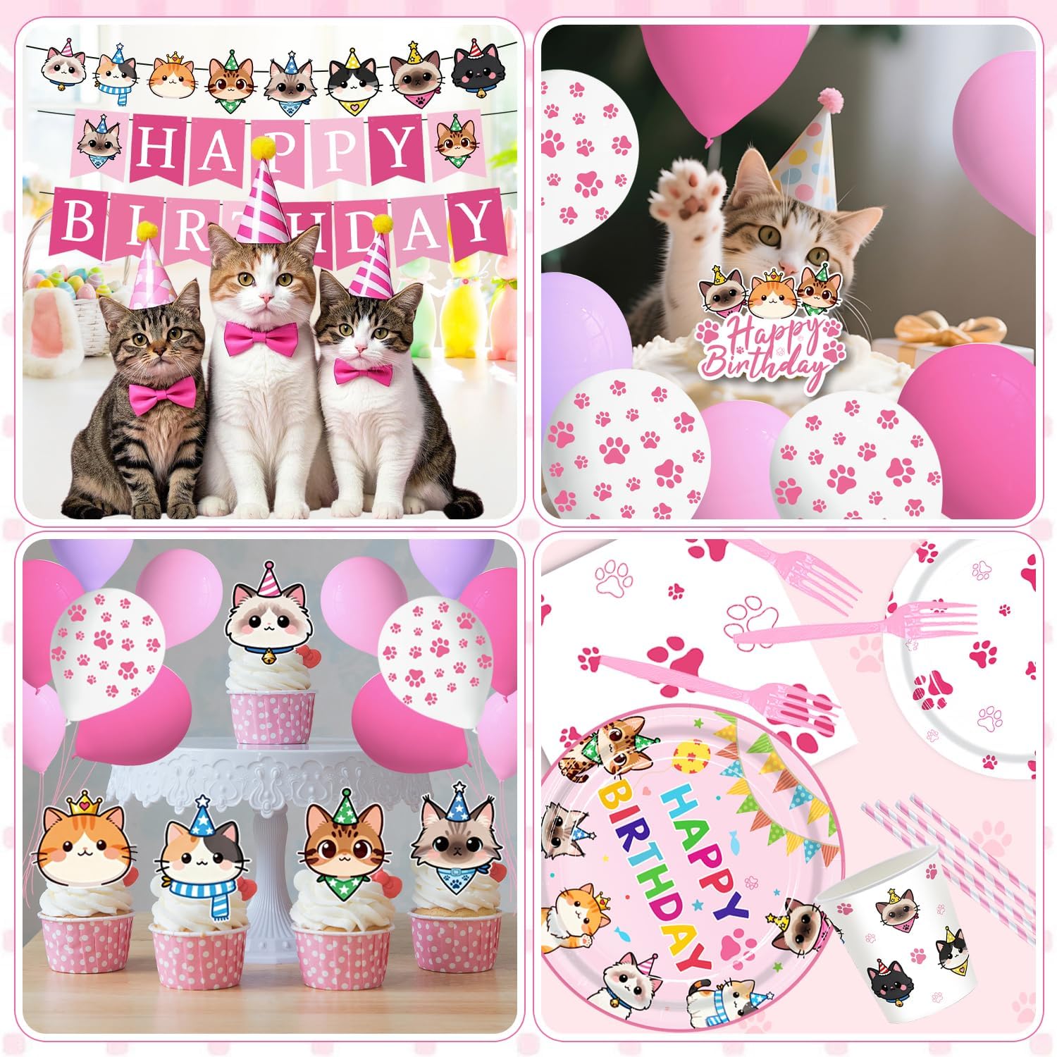 197pcs Cat Birthday Decorations Kit, Cute Cat Themed birthday party decorations with Tableware, Cake Decorations & Hanging Accessories, Serves 24 Guests