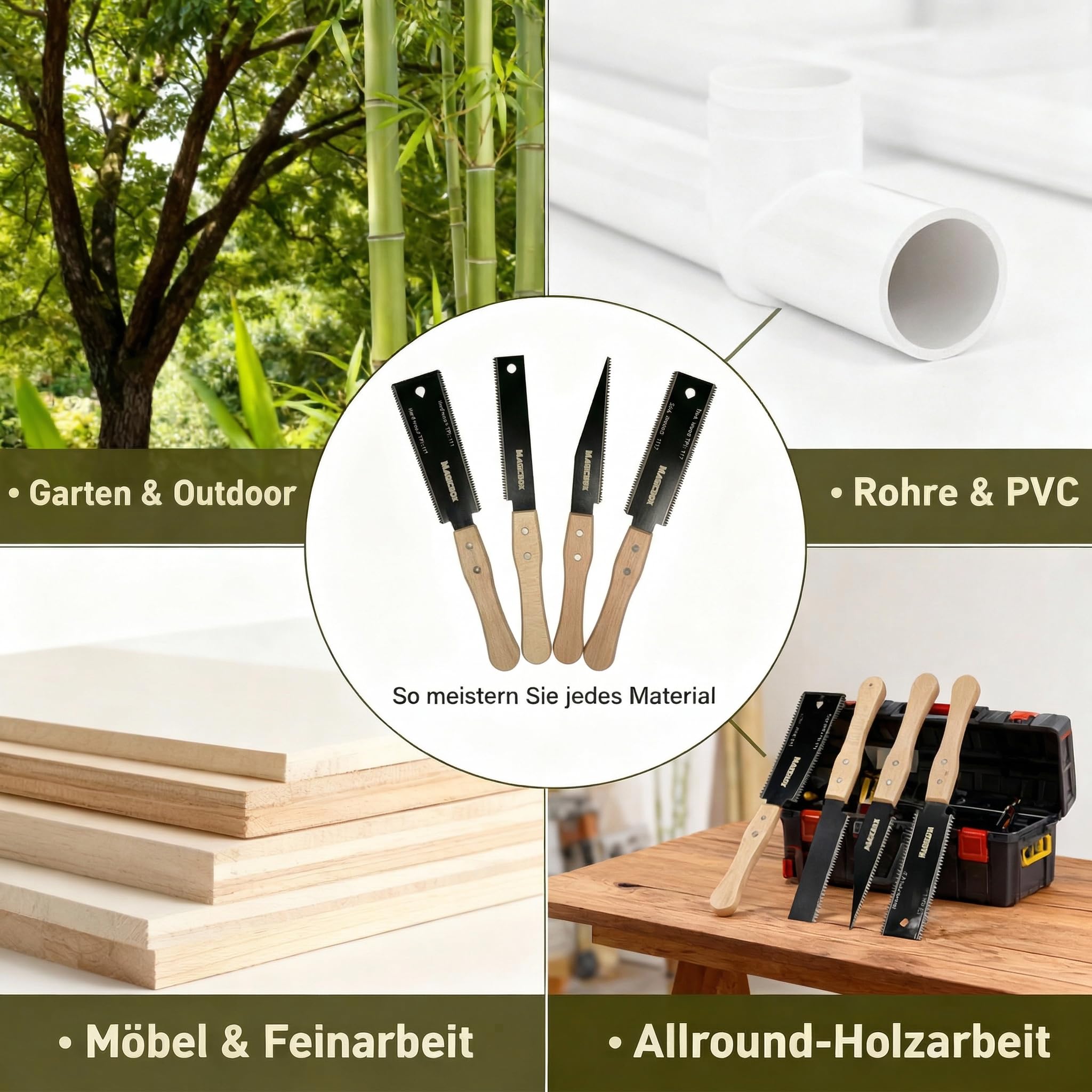 Magicbox Juego de sierras japonesas de 4 piezas, sierra japonesa Ryoba y madera de sierra fina, sierra de tracción 11/17 TPI con hoja SK5, sierra de espiga para carpintería, sierra japonesa Dictum