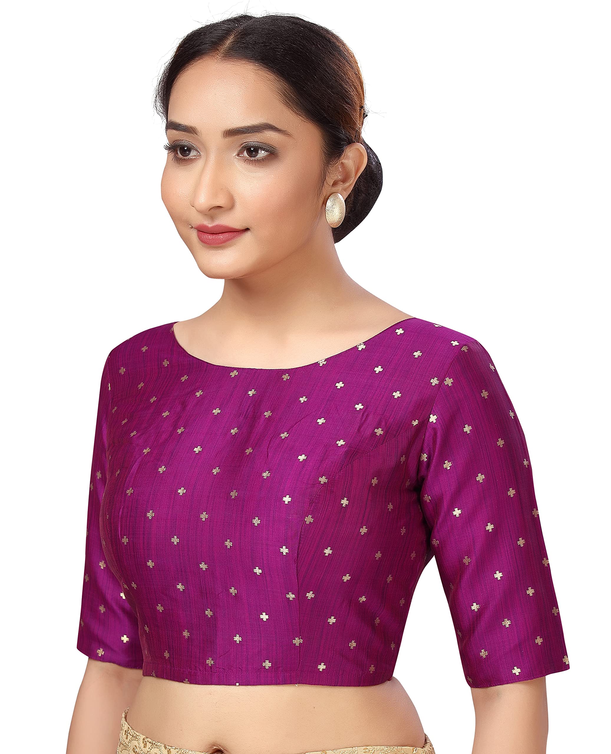 Studio Shringaar Women Silky Brocade Readymade Elbow Length Sleeves Saree Blouse(Wine, 34) - Image 2 thumbnail