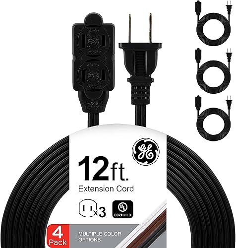 GE Cable de extensión de 3 salidas con múltiples tomas, cable de extensión de 12 pies, paquete de 4 unidades, calibre 16, cubiertas de salida de