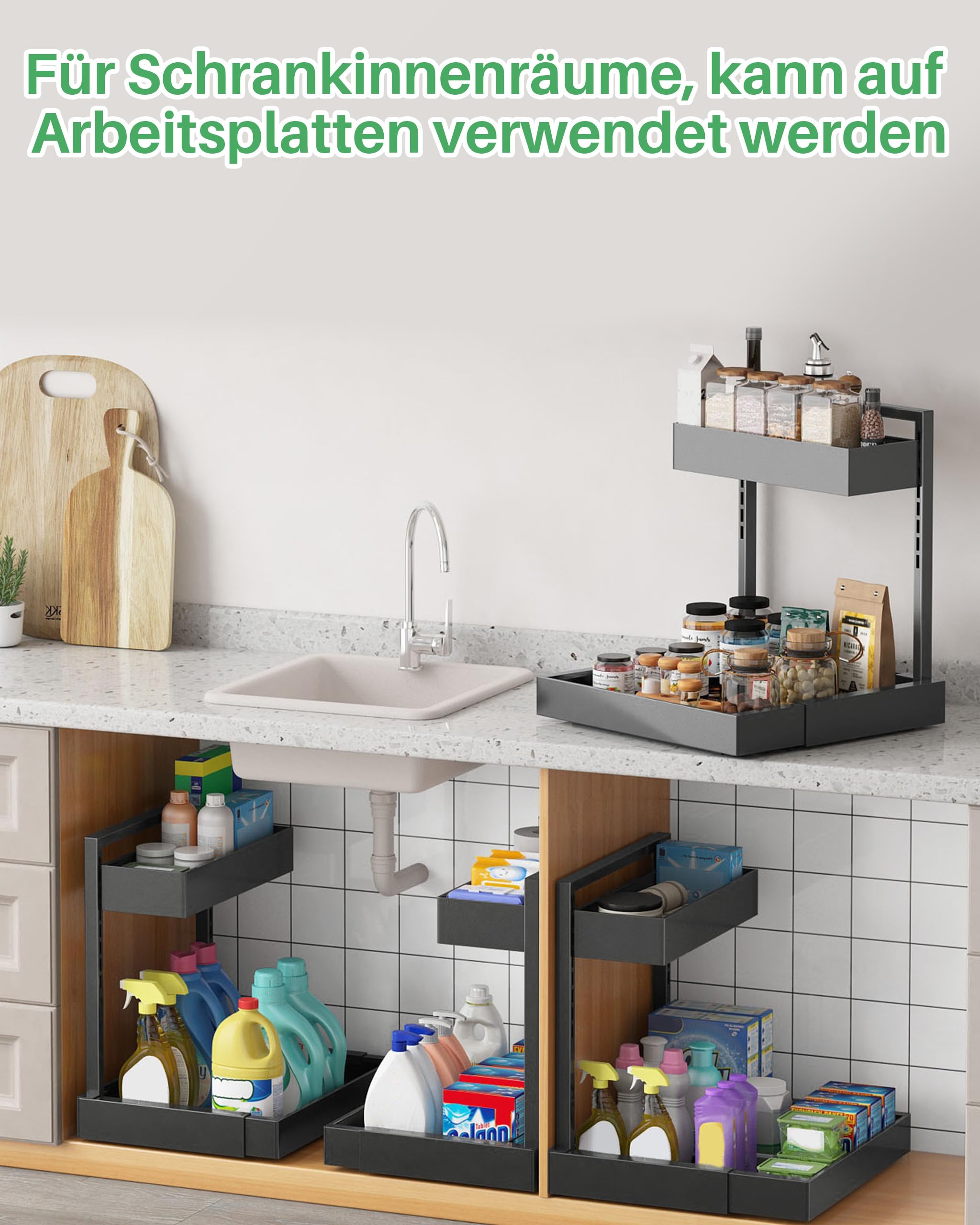 UMDONX Spülbecken Küche Organizer 2-stöckiger Unter Waschbecken Regal Ausziehbarer Spülschrank Organizer,Schwarz
