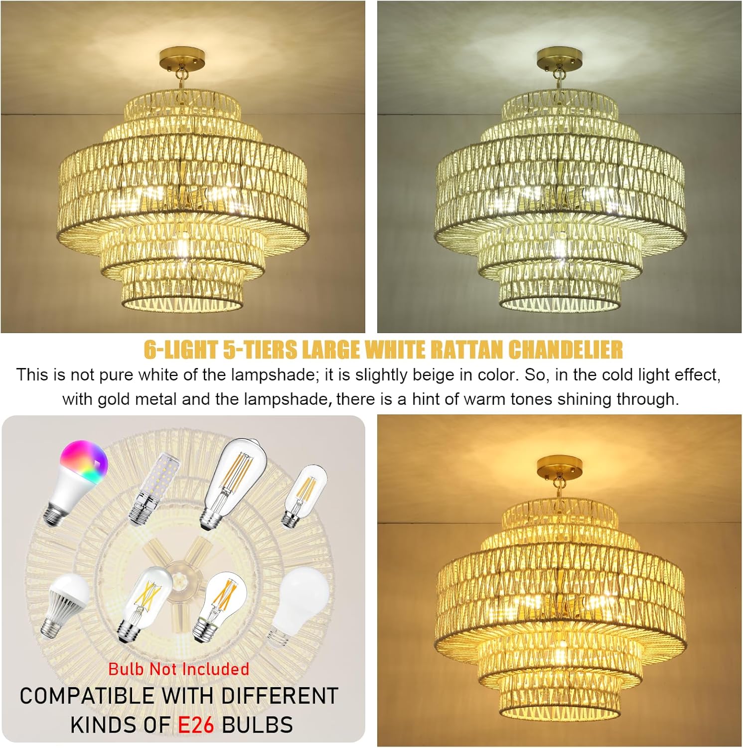 23.62in White Rattan Large Chandeliers Light, 6-Light Hand-Woven 5-Tiers Rattan Pendant Light Fixtures for Dining Room Living Room Bedroom Kitchen Island Sunroom Foyer Restaurant