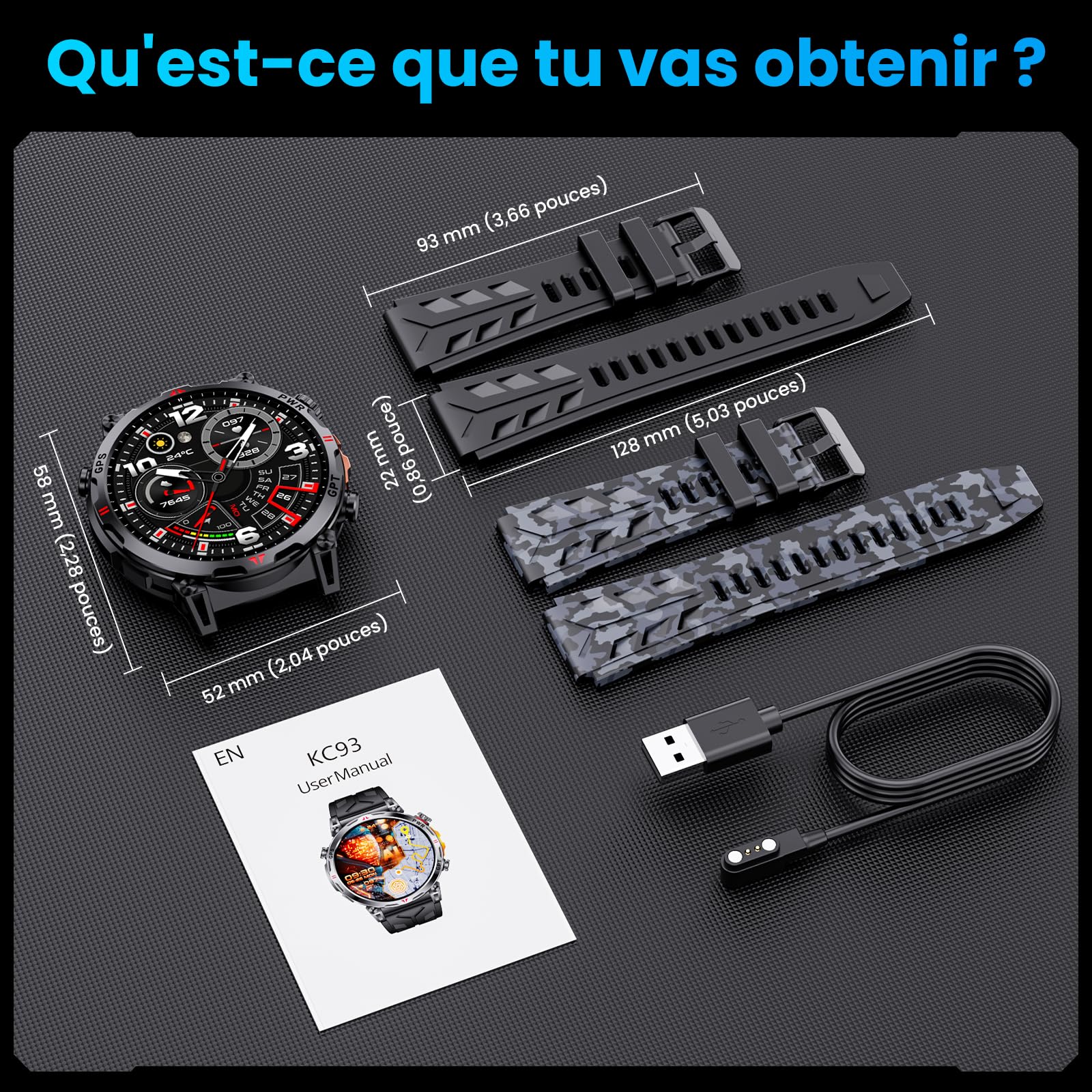 Montre Connectée Homme Militaire 1,56", avec GPS / AI Cadran / Vocal GPT | Boussole/Appel Bluetooth/Détection Pression de Fréquence Cardiaque, Compatible avec Android et iOS, 100 + Modes Sportifs GPS