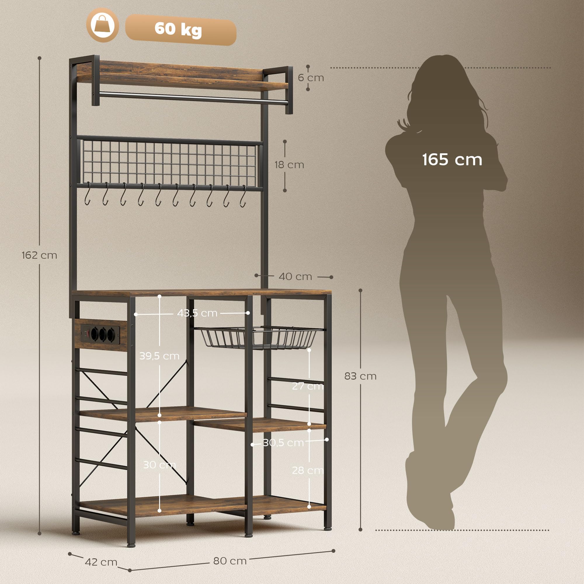 HOMCOM Estantería de Cocina con Tres Enchufes y Luces LED, Estantería de Panadería Industrial con Estantes para Microondas, Cesta de Malla Metálica, 10 Ganchos, Barra 80x42x162 cm, Marrón Rústico