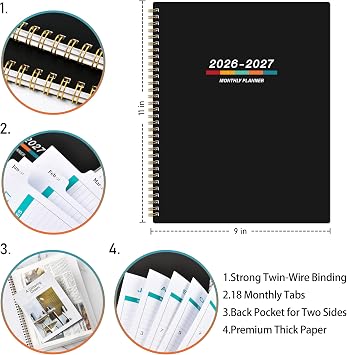 Planner 2026-2027 - 2026-2027 Monthly Planner, Monthly Calendar, 9 x 11, Jul 2026 - Dec 2027, Large, Twin-wire Binding, 18 Months Tabs, Holidays, Two-Sided Pocket, Thick Paper