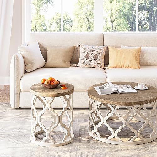 Miniatura 7 de karlott Mesa auxiliar de granja, mesa auxiliar redonda francesa de 18.5 pulgadas, mesa auxiliar superior envejecida con base de marco de motivo