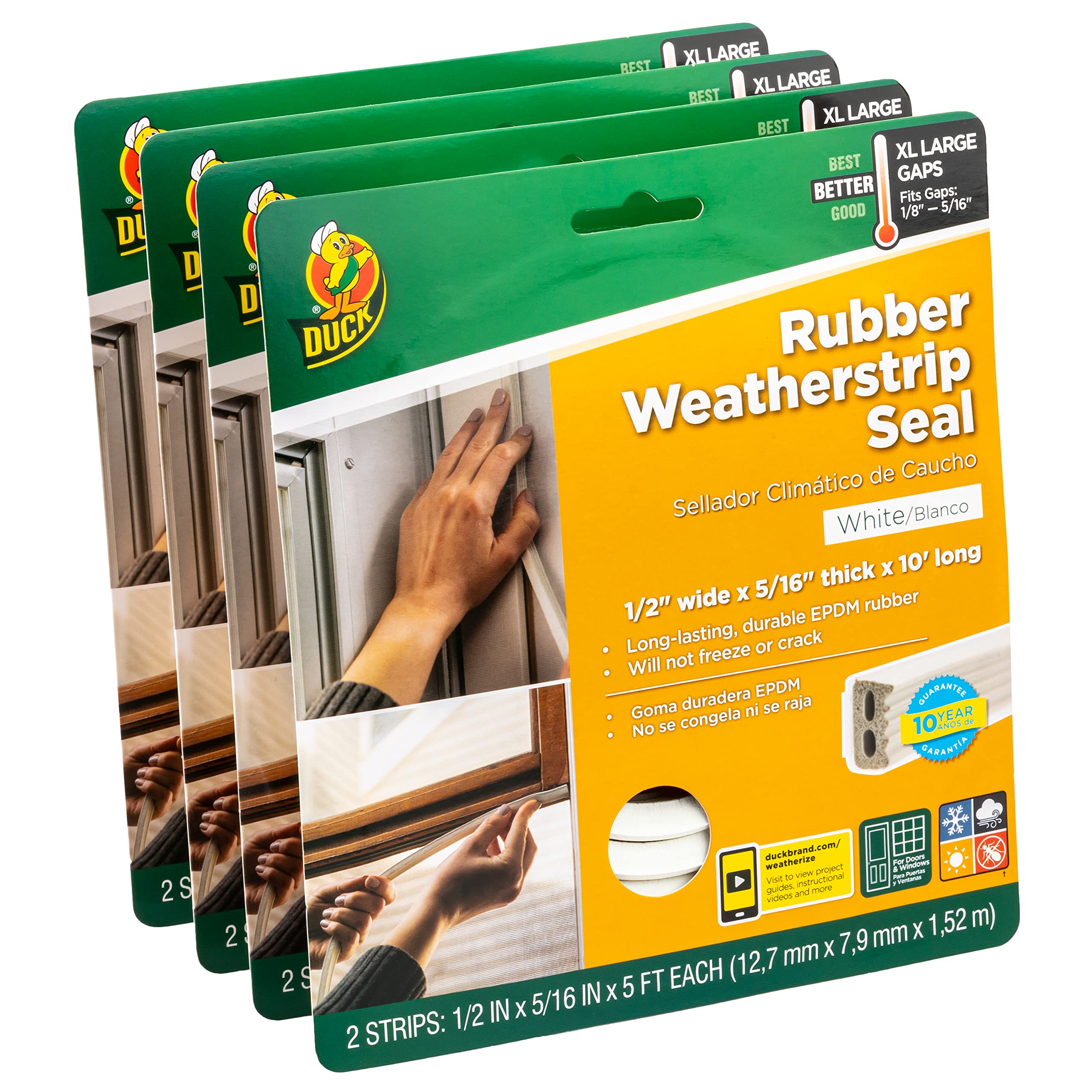 Duck Brand Self Adhesive Rubber Weatherstrip Seal for Extra Large Gaps, 1/2-Inch Wide x 5/16-Inch Thick x 10-Feet Long, 4 Pack, White (288073)