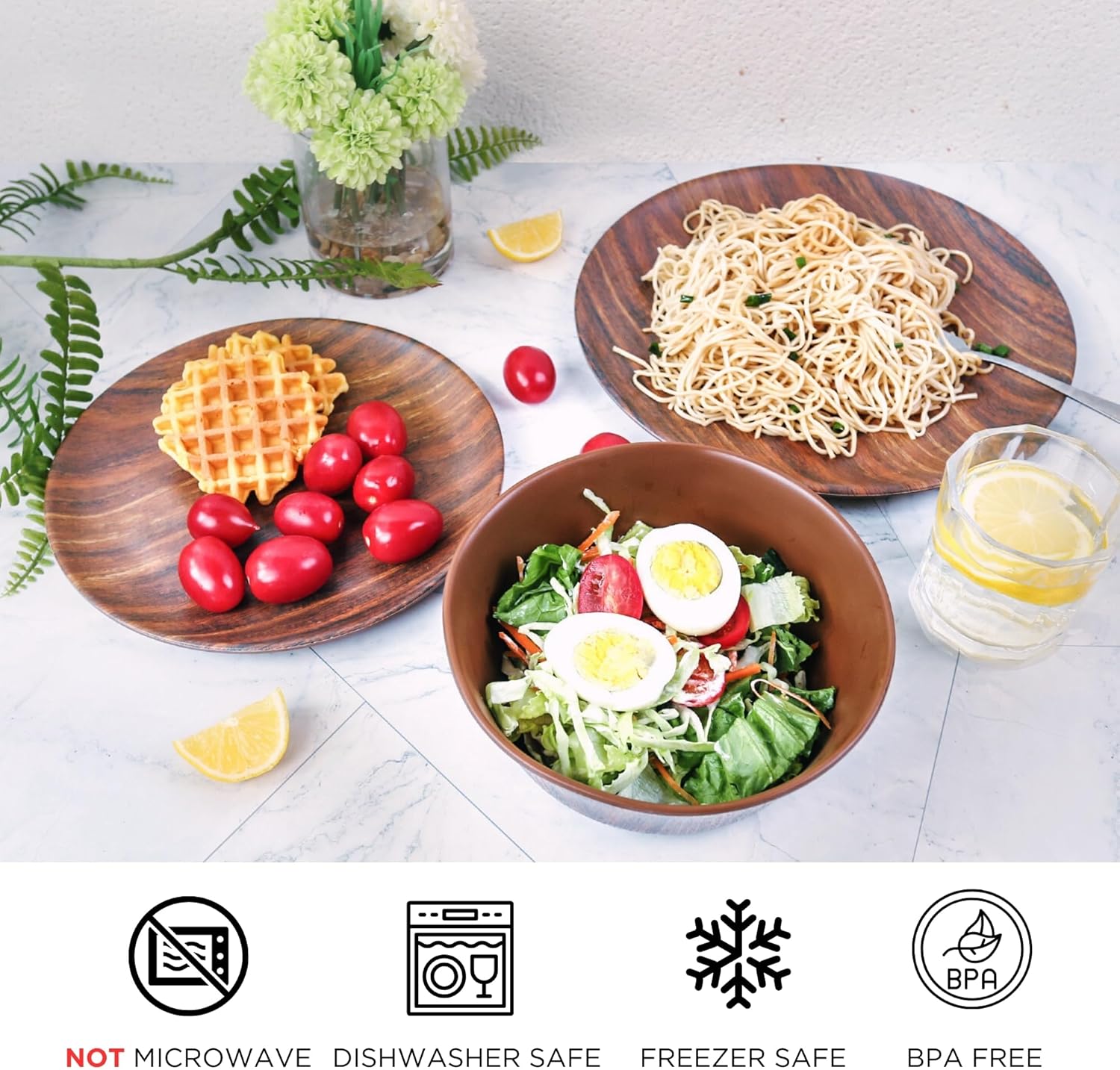 TP 12-Piece Melamine Dinnerware Sets, Plates and Bowls Dishes Set for 4, Break-Resistant & Non-Microwavable, Lightweight Dinner Plates, Wood Grain