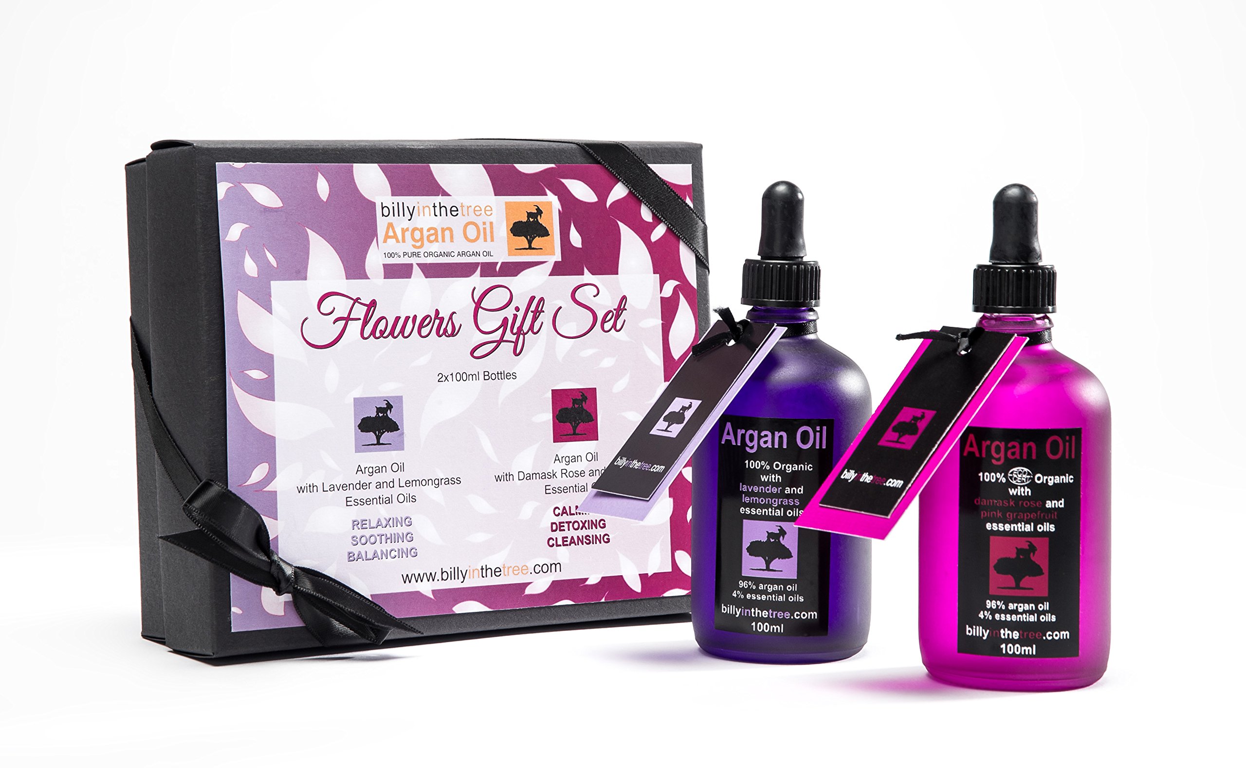 Zestaw upominkowy z kwiatami olejku arganowego 1 x 100 ml olejek arganowy z olejkami eterycznymi z lawendą i trawą cytrynową oraz 1 x 100 ml oleju arganowego z różą adamaszkową i olejkami eterycznymi z różowego grejpfruta.