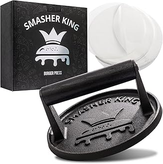 SMASHER KING™ - Premium Cast Iron Smash Burger Press incl. 25 pcs of Patty Paper, Burger Smasher for Griddle with Black Wood Handle, Perfect Hamburger Press