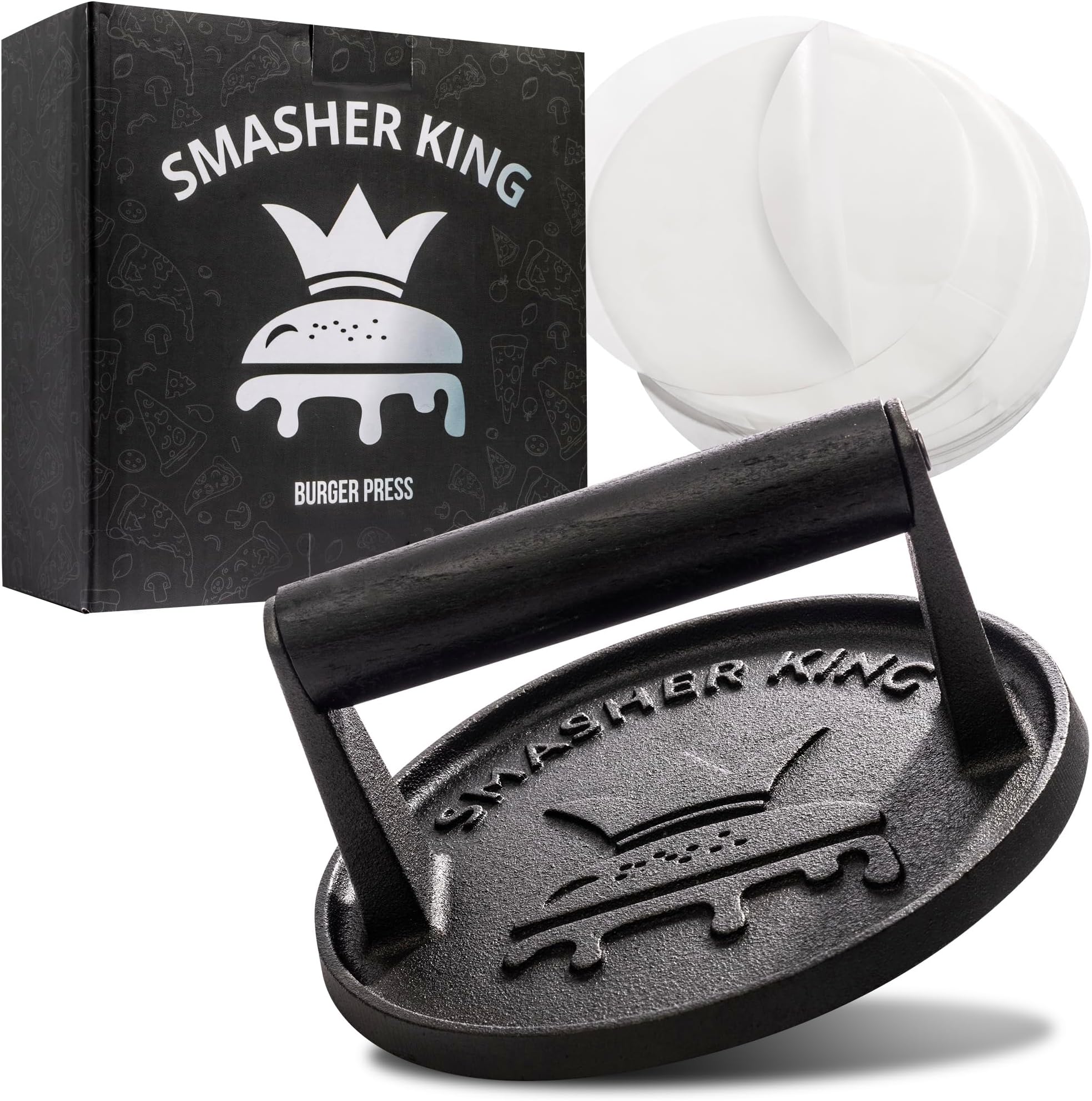 Premium Cast Iron Smash Burger Press incl. 25 pcs of Patty Paper, Burger Smasher for Griddle with Black Wood Handle, Perfect Hamburger Press, Meat Press, Bacon Press, Sandwich Press