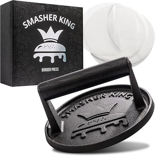 SMASHER KING™ - Prensa de hamburguesa premium de hierro fundido con 25 piezas de papel para hamburguesas, prensa de hamburguesas para plancha con
