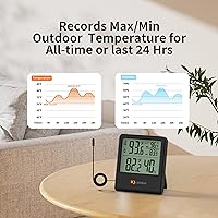 Vista 4 de Termómetro Digital Interior y Exterior con Cable, Monitor de Temperatura Interior y Exterior con Registro de Mínimo/Máximo y Sensor de Sonda