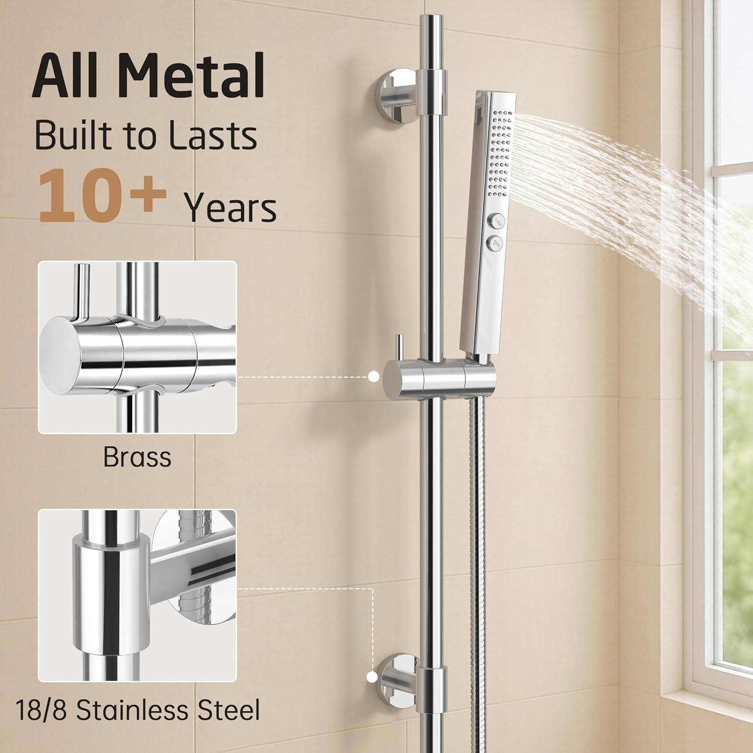 KES All Metal Shower Slide Bar 30-Inch with Handheld Shower Head Built-in Power Wash to Clean Tub Tile, 18/8 Stainless Steel Bar with 2-Function Showerhead, Bracket Cover Existing Hole, Polished Steel