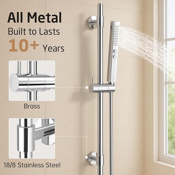 KES All Metal Shower Slide Bar 30-Inch with Handheld Shower Head Built-in Power Wash to Clean Tub Tile, 18/8 Stainless Steel Bar with 2-Function Showerhead, Bracket Cover Existing Hole, Polished Steel