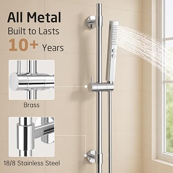 KES All Metal Shower Slide Bar 30-Inch with Handheld Shower Head Built-in Power Wash to Clean Tub Tile, 18/8 Stainless Steel Bar with 2-Function Showerhead, Bracket Cover Existing Hole, Polished Steel