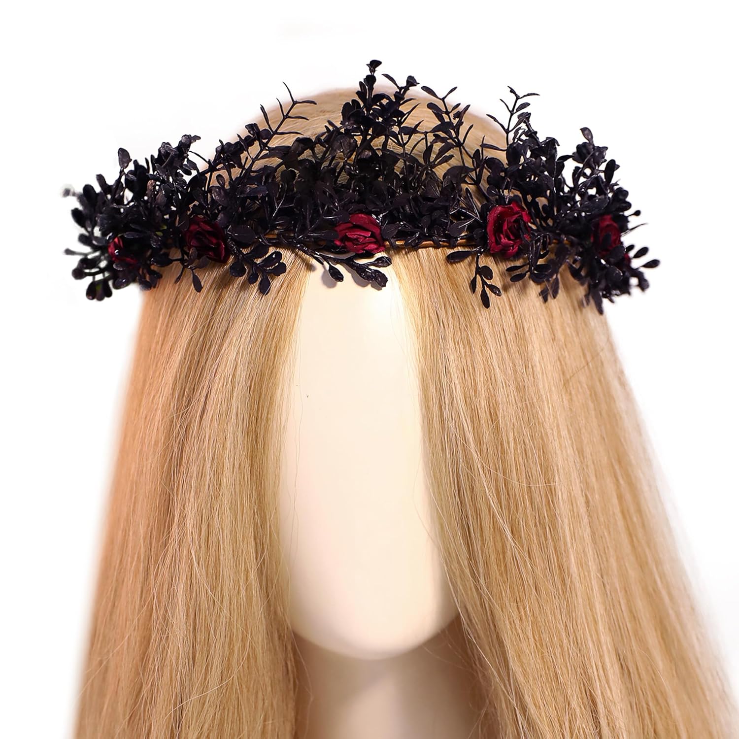 MOSTORY Gothic Black Flower Crown - Woodland Fairy Headpiece Dark Forest Circlet Elf Leaf Tiara for Women Witch Goth Wedding Renaissance Halloween Renfaire Cosplay black-red