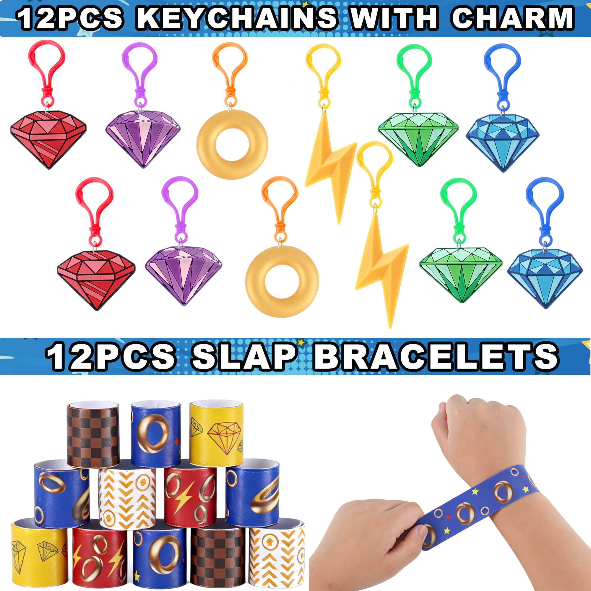 320 piezas de recuerdos de fiesta temática de erizo, suministros de decoración de fiesta de cumpleaños, anillos azules y dorados, bolsas de regalo, relleno de piñata