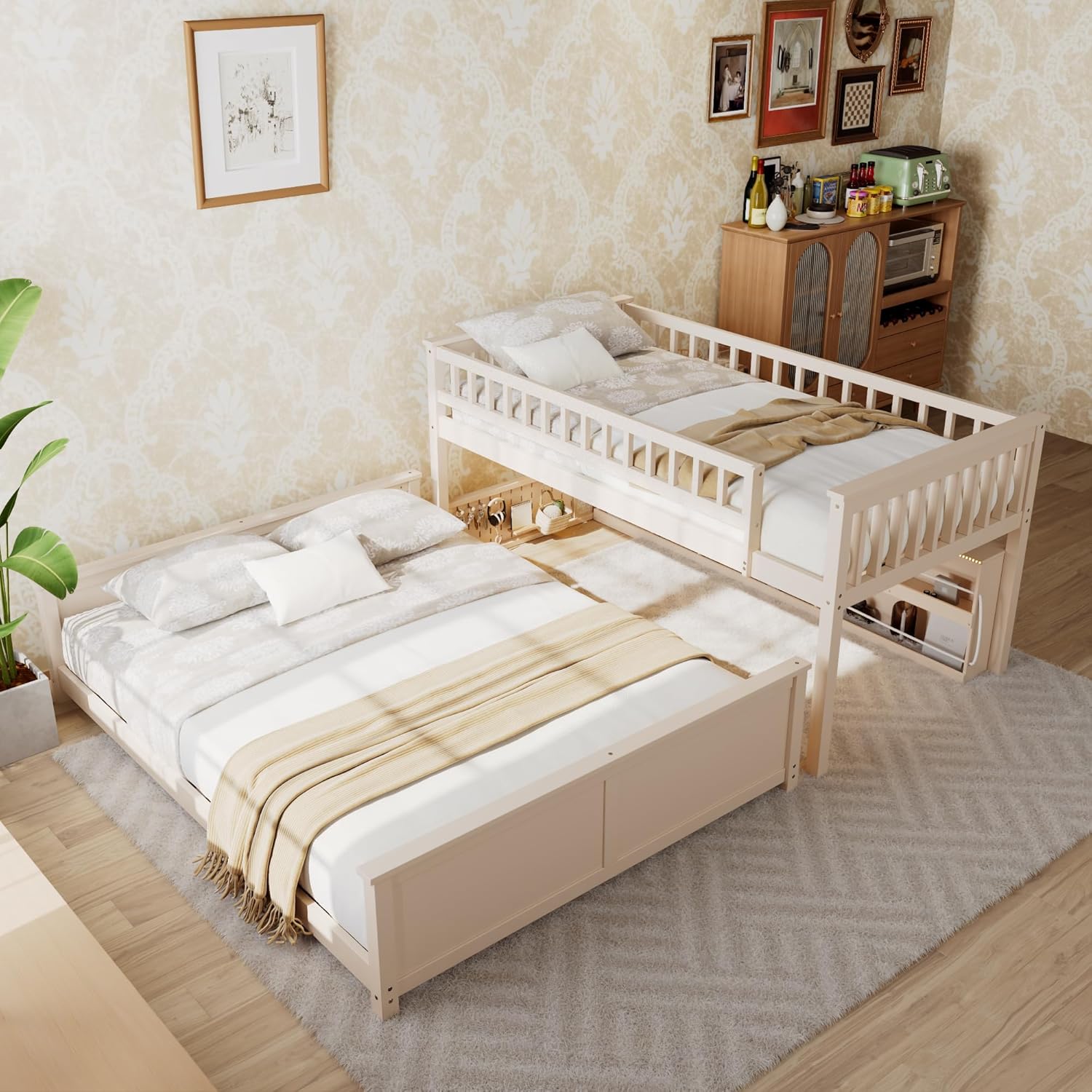 Bellemave Twin XL Over Queen Bunk Bed with Shelving, Color-Changing Lights & Pegboard – Convertible into Two Separate Beds – Sturdy Wood Frame, Beige