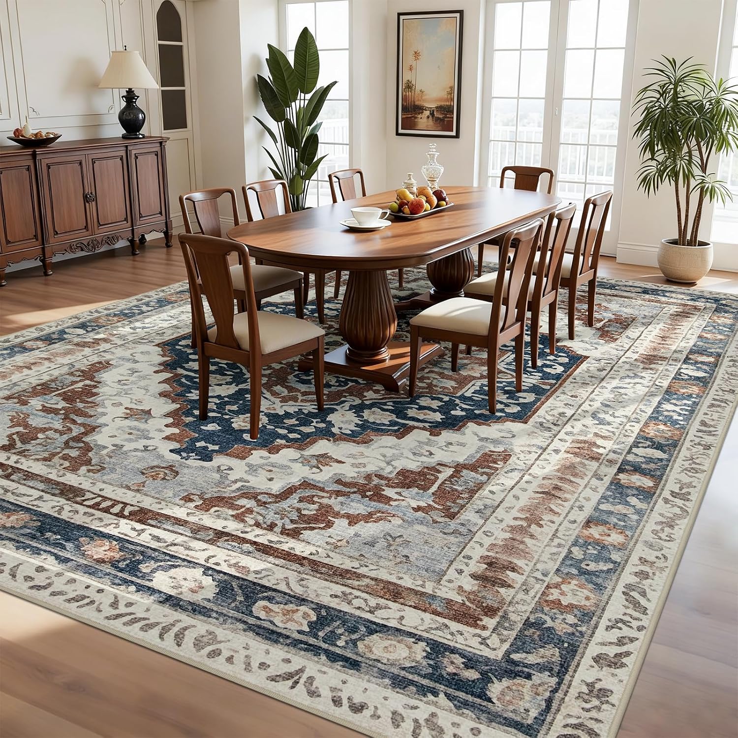 Joydeco 8x10 Area Rugs for Living Room, Non Slip Machine Washable Vintage Rug, Low Pile Chenille Print Rugs for Bedroom, Dining Room, Home Office, Pet & Child Friendly, Blue & Brown & White