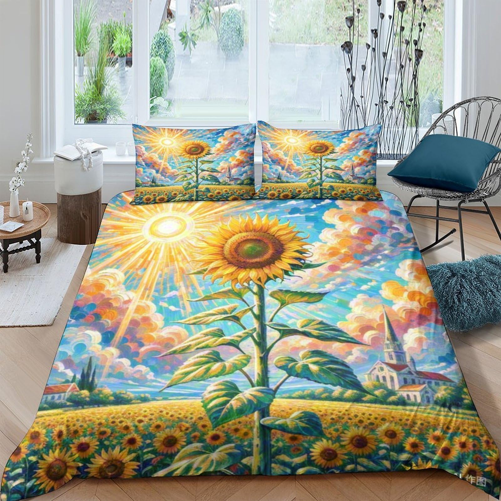 Parure de lit tournesol 3D 200x200 cm avec housse de couette en microfibre et taies