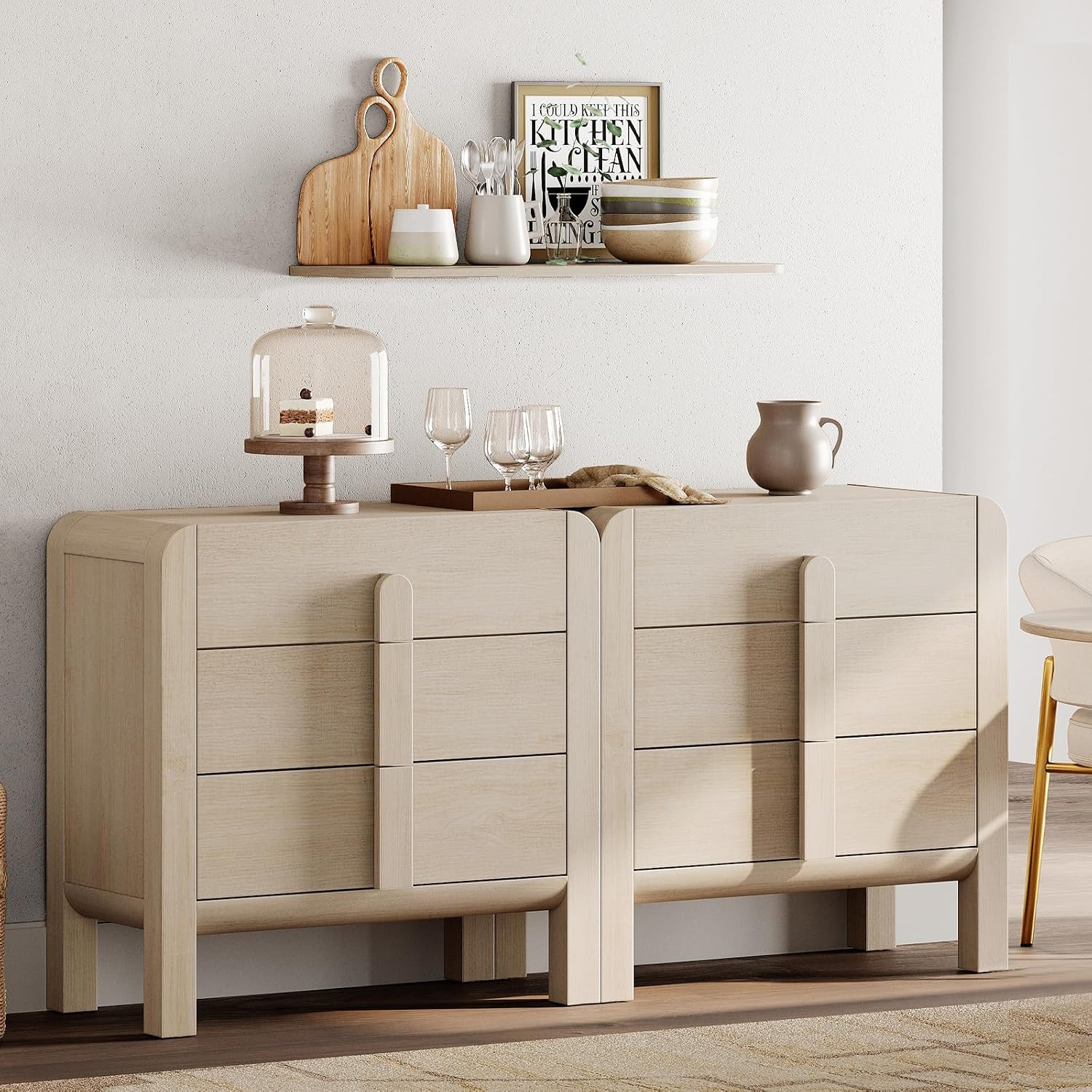 WAMPAT 6 Drawer Dresser for Bedroom, 2 in 1 63" Wide Long Wood Dresser, Mid Century Modern Chest of Drawers, Double Dresser Storage Cabinet TV Stand for Bedroom, Living Room, Beige